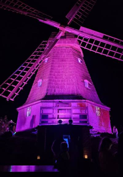 Die Mühle erstrahlte in verschiedenen Farben.