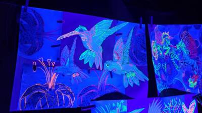 Kinder konnten Bilder mit Schwarlichtstiften selbst erstellen, die im unteren Bereich der Mühle ausgestellt wurden.